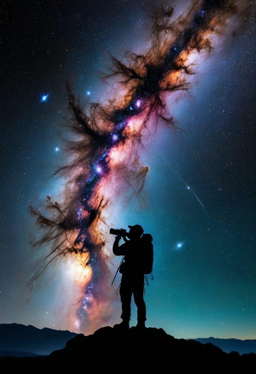 A breathtaking night sky filled with vibrant stars and nebulae, highlighting various stellar phenomena such as supernovae and black holes. In the foreground, a silhouette of an explorer with a telescope gazes into the cosmos, surrounded by diagrams of spacecraft and constellations. An ethereal glow from the Milky Way stretches across the sky, symbolizing the mysteries of space exploration. super-realistic. vibrant colors. dark background.